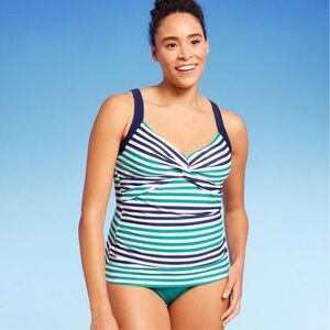 Lands' End Women's UPF 50 Striped Twist-Front Underwire Tankini Top - Blue/Green